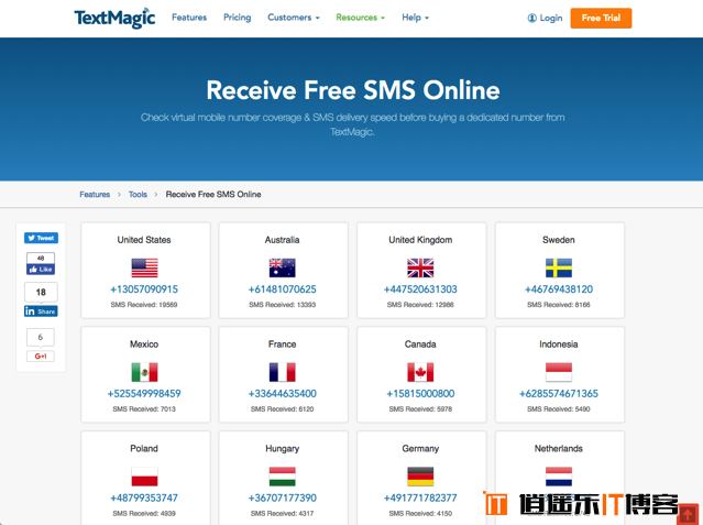 TextMagic Receive Free SMS Online 提供世界 30 国家免费手机号码接收短信服务