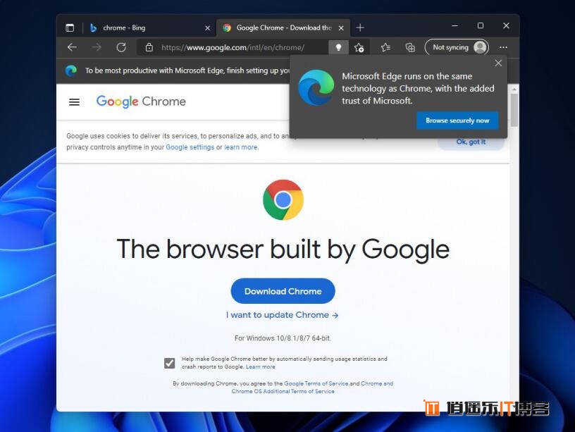 微软 Win11 Edge 弹窗警告，试图阻止用户下载 Chrome 浏览器